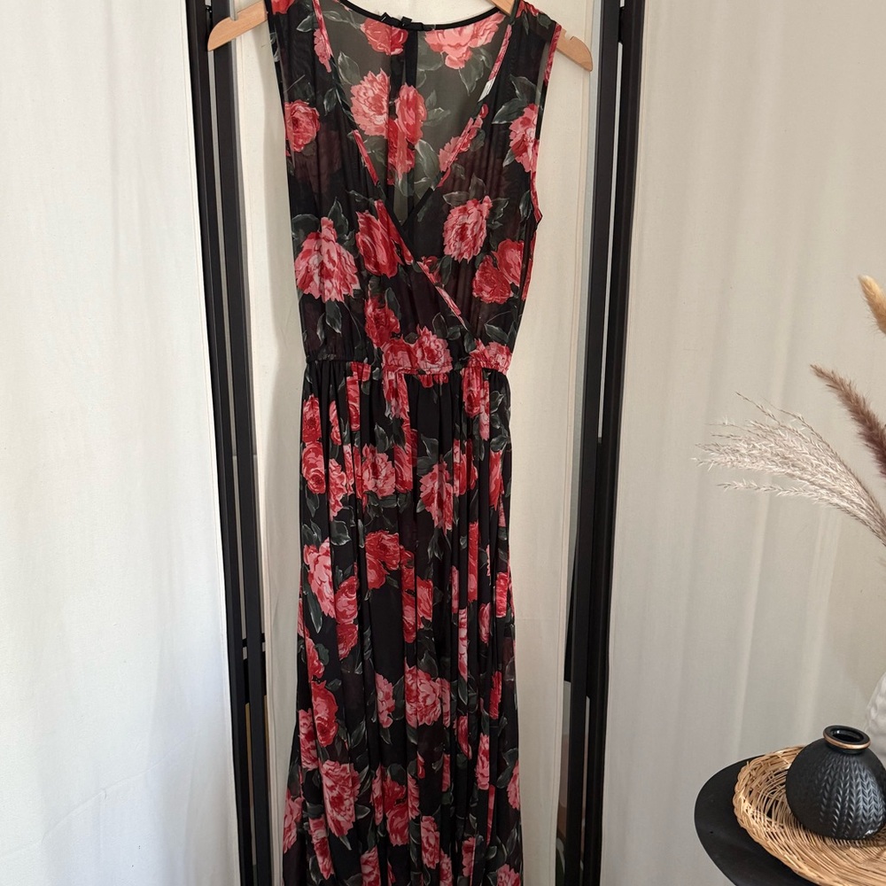 🩶Olivaceous Floral Red & Black Belted Maxi Dress